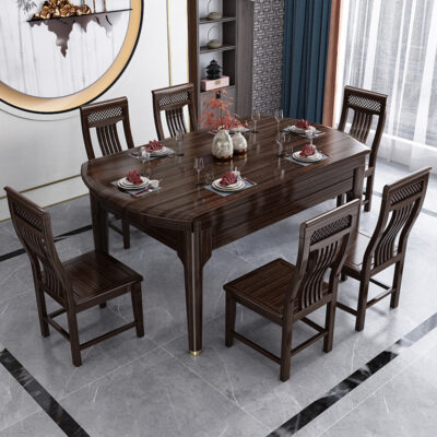 Bàn ăn gỗ mun phong cách Trung Quốc mới và ghế kết hợp kính gấp bàn ăn nhà tròn bàn ăn biến bàn tròn