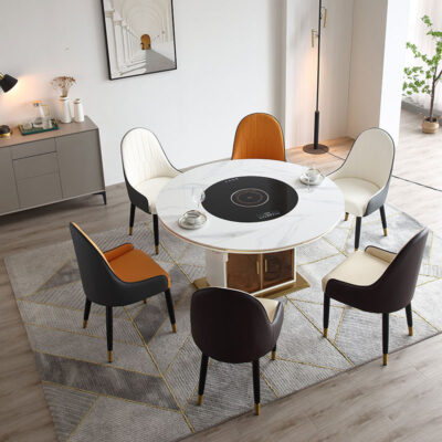 Bàn ăn tròn mặt đá kính nhẹ nhàng sang trọng tích hợp bảng hâm nóng xoay điện có bếp từ bàn ăn đa năng dùng cho gia đình