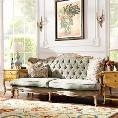 Mỹ gỗ chắc chắn vải sofa ghế phòng khách 3 người phòng nhỏ Pháp phong cách retro Châu Âu lưng cao chạm khắc khóa kéo