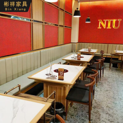 Nhà hàng lẩu không khói thương mại bàn lẩu bằng đá cẩm thạch bếp cảm ứng một bức tường thẻ ghế kết hợp bàn ghế sofa