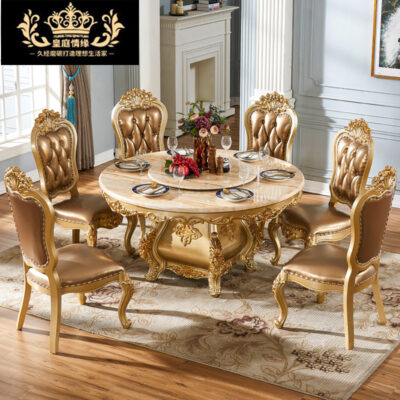 Phong Cách Châu Âu Cung Điện Pháp Bàn Ăn Biệt Thự Tròn Sang Trọng Bàn Ăn Gỗ Chắc Chắn Khắc Retro Thủ Công Ghế Ăn Tựa Lưng