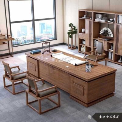 Bán buôn bàn ghế văn phòng kiểu Trung Quốc mới kết hợp bàn ghế gỗ nguyên khối bàn làm việc đầy đủ nội thất đơn giản hiện đại bàn giám đốc lớn
