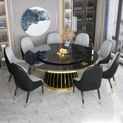 Đèn hộ gia đình kết hợp bàn ghế ăn hình tròn sang trọng dành cho 10 người bàn xoay inox bàn tròn lớn bàn ăn mặt kính cường lực