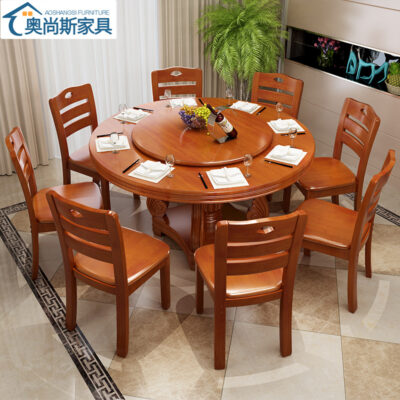 Bộ bàn ghế ăn gỗ đặc kết hợp phòng khách nhà chung cư nhỏ bàn ăn kiểu Trung Quốc với bàn xoay khách sạn bàn tròn lớn