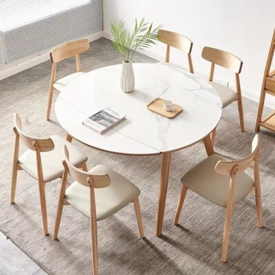 Bắc Âu Đá Tấm Gấp Bàn Ăn Gỗ Chắc Chắn Sáng Đèn Gia Đình Bàn Ăn Hiện Đại Đa Năng gia đình kính Biến Bàn Tròn