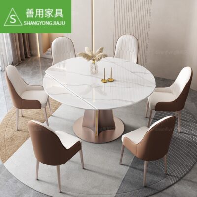 Bàn ăn đá phiến phong cách Ý ánh sáng sang trọng tươi sáng ngôi nhà tròn xoay vuông tròn kết hợp bàn ăn kính kép kết hợp
