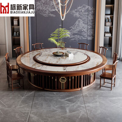 Khách sạn kiểu Trung Quốc mới điện bàn tròn lớn nhập khẩu tấm đá Bàn ăn nhà hàng câu lạc bộ Bàn ăn 20 người bàn tròn bàn gỗ