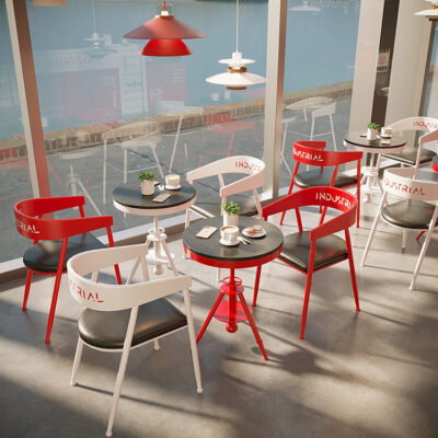 Quán trà sữa bàn ghế kết hợp quán cà phê quầy bar thanh trong suốt phục vụ cửa hàng món tráng miệng thương mại phong cách công nghiệp bàn ghế giải trí bằng sắt rèn