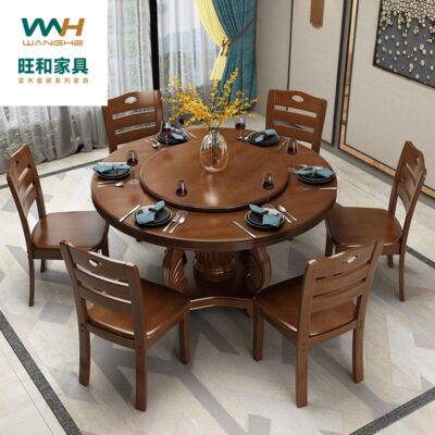Bàn ăn gỗ đặc có bàn xoay bàn ăn tròn bàn tròn lớn 6 người 8 người 10 người hộ gia đình kinh tế kết hợp bàn ăn và ghế