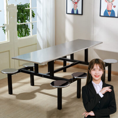 Bàn ghế ăn nhanh inox bàn ghế ăn công nhân nhà máy 4 người 6 người dính liền Bàn ăn nhanh nhà hàng căng tin thép kính