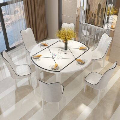 Bàn ăn và ghế kết hợp hiện đại tối giản gia đình 6 người bằng gỗ nguyên khối gấp kính bàn tròn gia dụng bếp từ bàn ăn