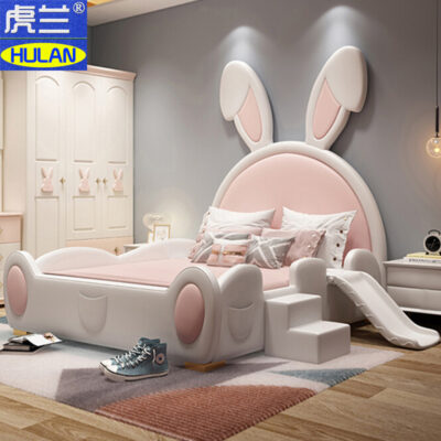 Hoạt Hình Sáng Tạo Giường Trẻ Em Bé Gái Giường Công Chúa Phòng Ngủ Lưới Đỏ Hồng Thỏ Đa Năng Có Lan Can Cho Bé Bằng Gỗ Chắc Chắn