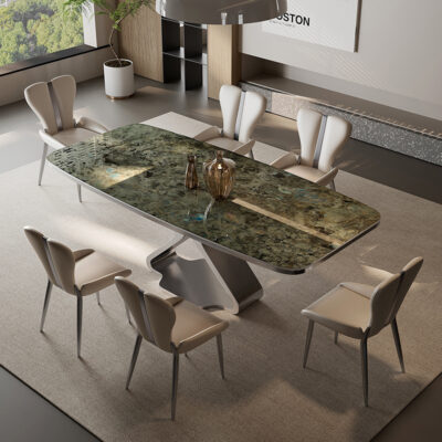 Bàn ăn đá phiến Ý hiện đại tối giản biệt thự hộ gia đình đá vi tinh thể tự nhiên cao cấp kết hợp bàn ăn đá sang trọng hình chữ nhật