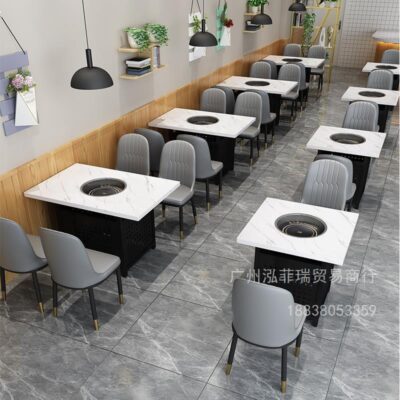 Bàn lẩu đá cẩm thạch bếp điện từ tích hợp nhà hàng thương mại cửa hàng thịt nướng treo tường thẻ ghế kết hợp bàn ghế sofa