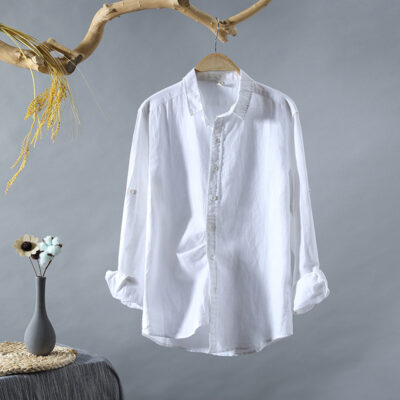 Trắng Dài Tay Áo Sơ Mi Linen Nam Chống Nắng Thoải Mái Thoáng Khí Mềm Mại Và Áo Sơ Mi Linen Xu Hướng Nam M0501