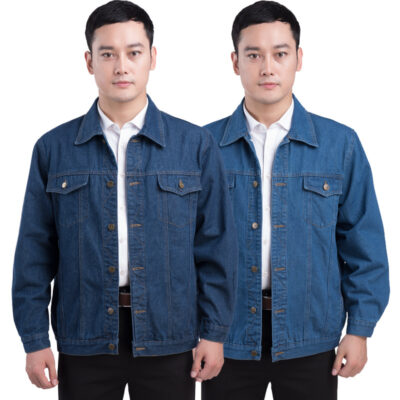 Áo khoác denim nam mùa xuân và mùa thu hàng đầu cho người trung niên và người già có ve áo mặc quần áo lao động hàn phù hợp với áo khoác
