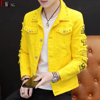 Xưởng cung cấp trực tiếp áo khoác nam denim nam phong cách Hàn Quốc quần áo denim rách xu hướng xã hội áo khoác nam đinh tán áo choàng