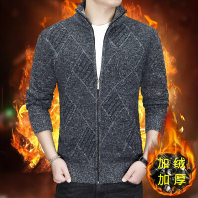 2021 Mới Mùa Thu Đông Nam Dệt Kim Cardigan Dài Tay Plus Nhung Dày Cổ Đứng Dạ Nỉ Nam Áo Bóng Chày Bán Buôn