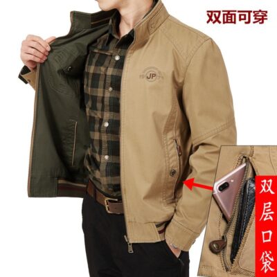 8571 Cả hai bên đều mặc áo khoác nam bình thường bằng cotton nguyên chất mùa xuân và mùa thu áo khoác dụng cụ cho người trung niên và người cao tuổi của bố