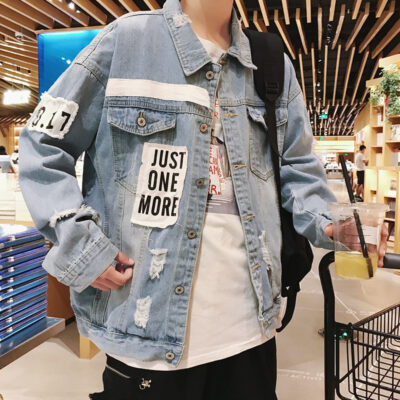 Mùa thu phong cách Hồng Kông bf denim rách áo khoác nam học sinh dáng rộng phiên bản Hàn Quốc đẹp trai hợp thời trang áo khoác cặp đôi quần áo