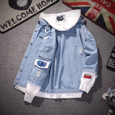 Áo khoác denim rách nam phong cách mới đẹp trai phong cách Hàn Quốc sinh viên giản dị hai mảnh áo khoác có mũ trùm đầu xu hướng áo khoác