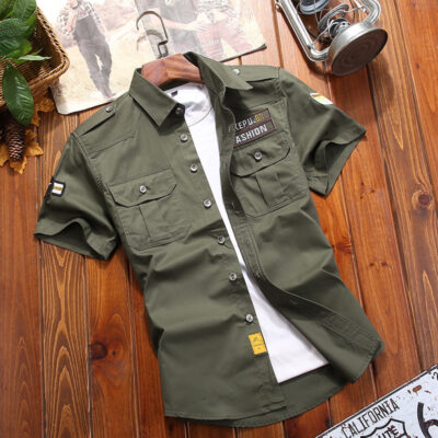 Nam cỡ lớn mùa hè mới áo sơ mi ngắn tay cotton trẻ trung phong cách quân đội thời trang giản dị phù hợp với tất cả các trận đấu áo sơ mi áo khoác