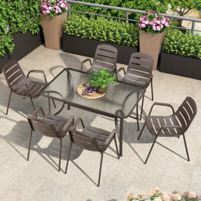 Bộ bàn ghế thép ngoài trời lá tím kết hợp bàn ghế ăn gỗ nhựa ngoài trời ghế xích đu ghế ăn sân vườn quán trà sữa ban công