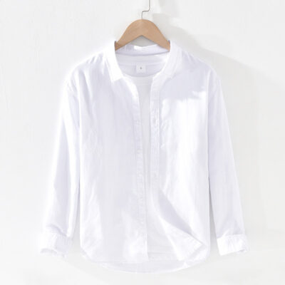001 Cơ Bản Nam Vải Lanh Cotton Dài Tay Văn Học Rời Thoáng Khí Cổ Vuông Áo Sơ Mi Linen Cho Nam