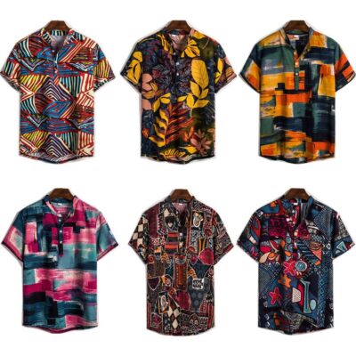 eBay AliExpress Amazon Mới Nam Ngắn Tay Áo Sơ Mi Vải Lanh Ấn Độ Phong Cách Dân Tộc Nam Áo Sơ Mi Hoa