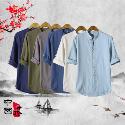 Áo sơ mi nam Tang mới Áo sơ mi tay ba phần tư Phong cách Hàn Quốc Trẻ trung Vải lanh mỏng Phong cách Retro Quần áo cỡ lớn Áo thun nam hợp thời trang Nam