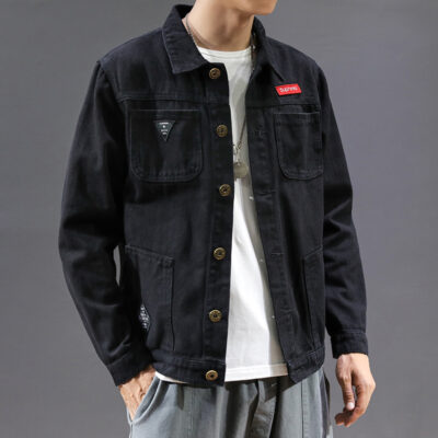 Áo khoác denim mới nam mùa xuân và mùa thu rộng kích thước lớn giản dị quần áo denim xu hướng thêu ngụy trang dụng cụ áo khoác