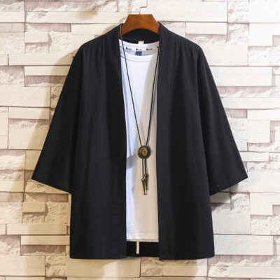 Phong Cách Trung Hoa 2023 Mới Nam Màu Trơn Hanfu Nhật Bản Retro Áo Sơ Mi Ngắn Tay Vải Lanh Cotton Áo Sơ Mi Ba Phần Tư Tay Áo Sơ Mi Áo Dây