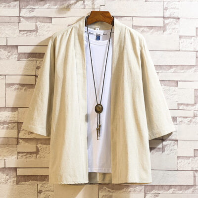 Phong cách Trung Hoa mùa hè mới cho nam rộng rãi màu trơn Hanfu áo sơ mi cardigan kích thước lớn thời trang bình thường bằng vải cotton và vải lanh ba phần tư tay áo