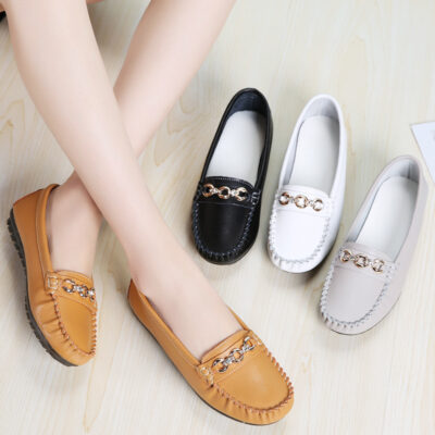 Bờ trái giày Doudou da thật giày nữ trung niên và cao tuổi giày da phẳng giày đế mềm mới giày thường nữ giày nữ