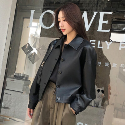 Haining leather all-match áo khoác da nhỏ nữ thu đông áo khoác ngắn 2023 áo khoác da cừu hàn quốc mới