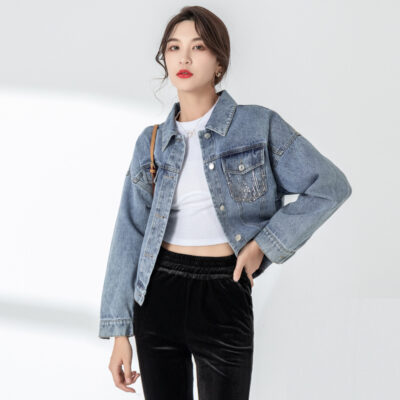 Mùa xuân và mùa thu 2023 ve áo mới phiên bản Hàn Quốc của công nghiệp nặng áo khoác denim đính sequin áo khoác nữ dài tay đẹp trai hàng đầu