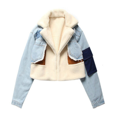Thời Trang Plus Nhung Denim Nối Áo Khoác Mùa Đông Mới Thịt Cừu Len Lót Dày Ngắn Áo Khoác Áo Khoác Nữ Cotton