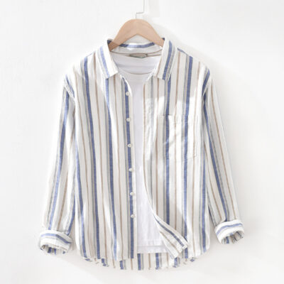 1993 Mùa Thu Mới Nam Áo Sơ Mi Linen Thanh Niên Nghệ Thuật Sọc Cổ Vuông Tay Dài Cotton Và Áo Sơ Mi Linen