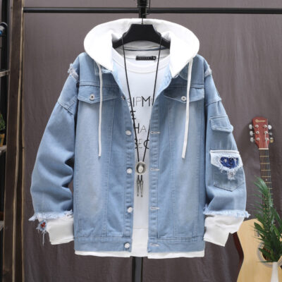 Mùa thu áo khoác mới thời trang nam hợp thời trang có mũ trùm đầu denim quần áo trẻ nối quần áo denim rách