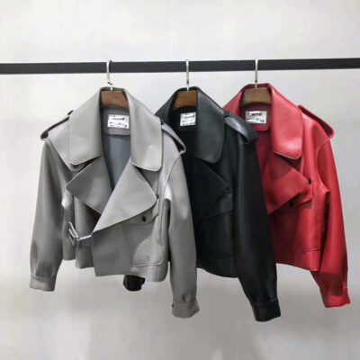 Áo khoác da thật dáng ngắn oversize da cừu Áo khoác da nữ xuân thu mới live size lớn