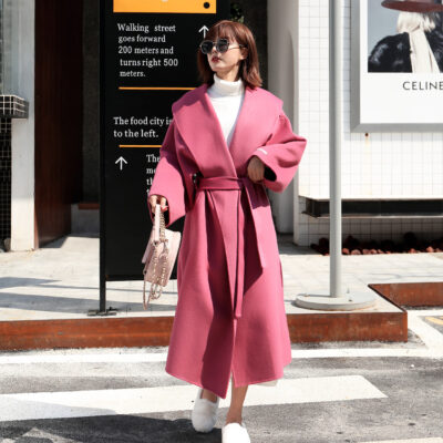 Áo khoác cashmere thêu tay hai mặt phiên bản Hàn Quốc mùa thu đông mới Áo khoác nữ len dài màu đen dáng rộng chất béo
