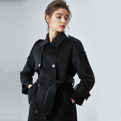 Nước gợn hai mặt áo khoác cashmere nữ Châu Âu và Châu Mỹ mùa thu và mùa đông rời áo khoác len mỏng màu đen áo khoác len nữ