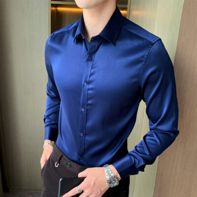 Áo sơ mi nam dài tay mới 2023 thun lạnh lụa phiên bản Hàn Quốc áo sơ mi nam mỏng xu hướng thời trang áo sơ mi màu trơn