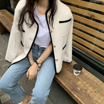 Mùa thu Hàn Quốc 2023 áo khoác mới màu sắc tương phản sang trọng cardigan dáng rộng có túi áo khoác ngắn