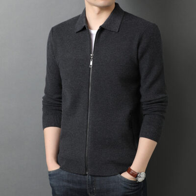 Mùa thu và mùa đông mới áo len dệt kim nam màu ve áo trung niên và thanh niên có khóa kéo áo len áo khoác rộng nam hàng đầu