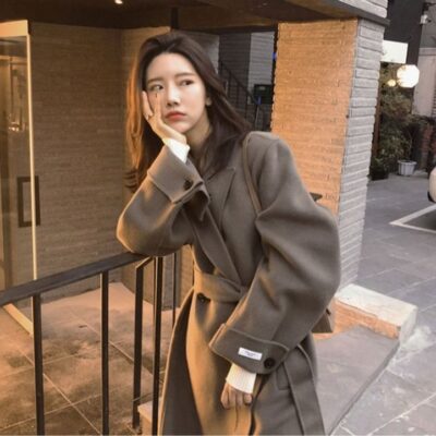 Áo khoác len cashmere hai mặt Dongdaemun Hàn Quốc dài đến đầu gối nữ cao cấp phong cách Hepburn áo khoác len rộng mùa thu đông