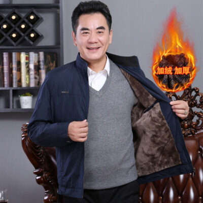 Áo khoác nam thu đông quần áo bố quần áo nam trung niên và cao tuổi cộng với lông cừu dày áo khoác nam áo khoác mùa đông nam đệm bông