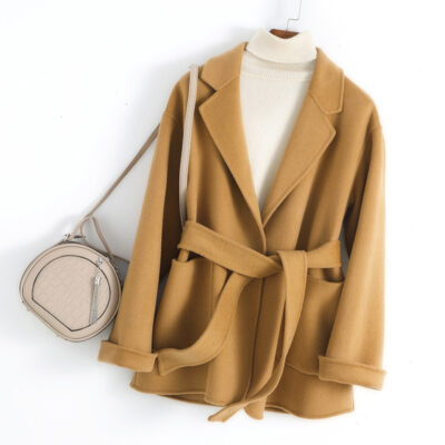 Mùa thu và mùa đông mới áo khoác cashmere hai mặt của phụ nữ phần ngắn phong cách Hàn Quốc mỏng phù hợp với cổ áo khoác len dày