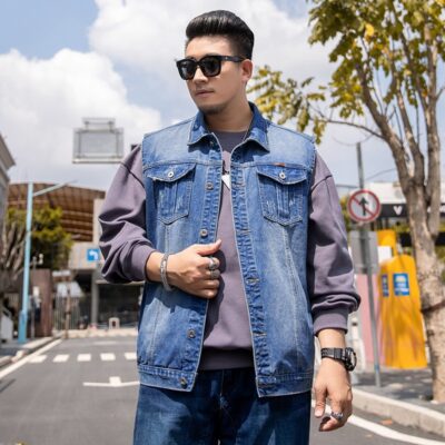 Mùa Thu Size Lớn Nam Áo Vest Plus Chất Béo Plus Kích Thước Áo Sơ Mi Denim Phong Cách Hợp Thời Trang Người Béo Lớn Béo Áo vest Vest
