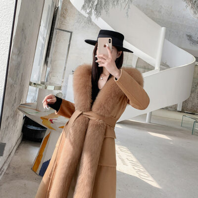 Có Mũ Trùm Đầu Cáo Cổ Lông Len 2 Mặt Áo Khoác Cashmere Rex Lông Thỏ Lót Bánh Vượt Qua Áo Khoác Lông Thú Nữ
